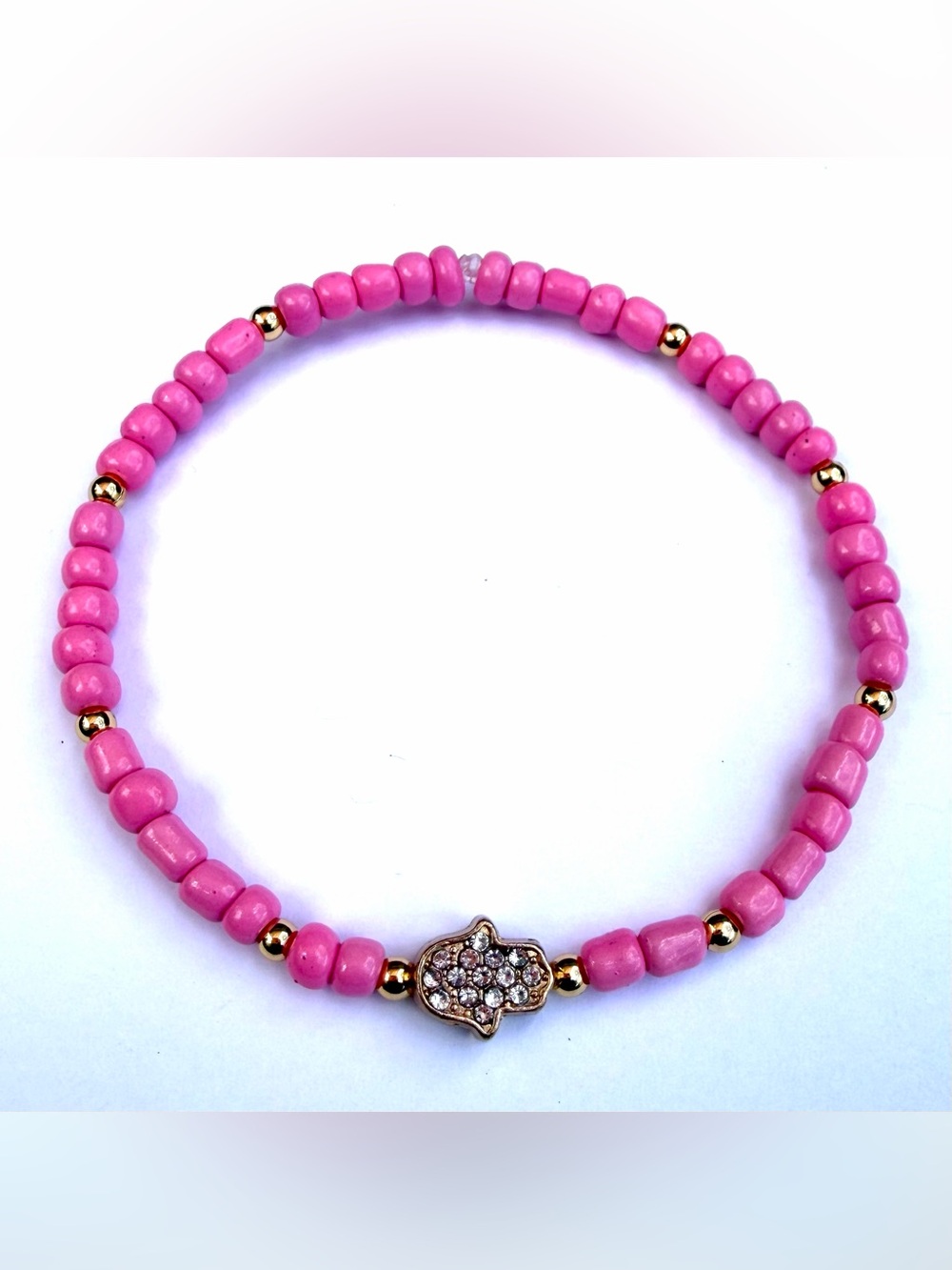 5 of Gold Metal Hamsa Evil Eye Good Luck Charm Pink Seed Beaded Bracelets